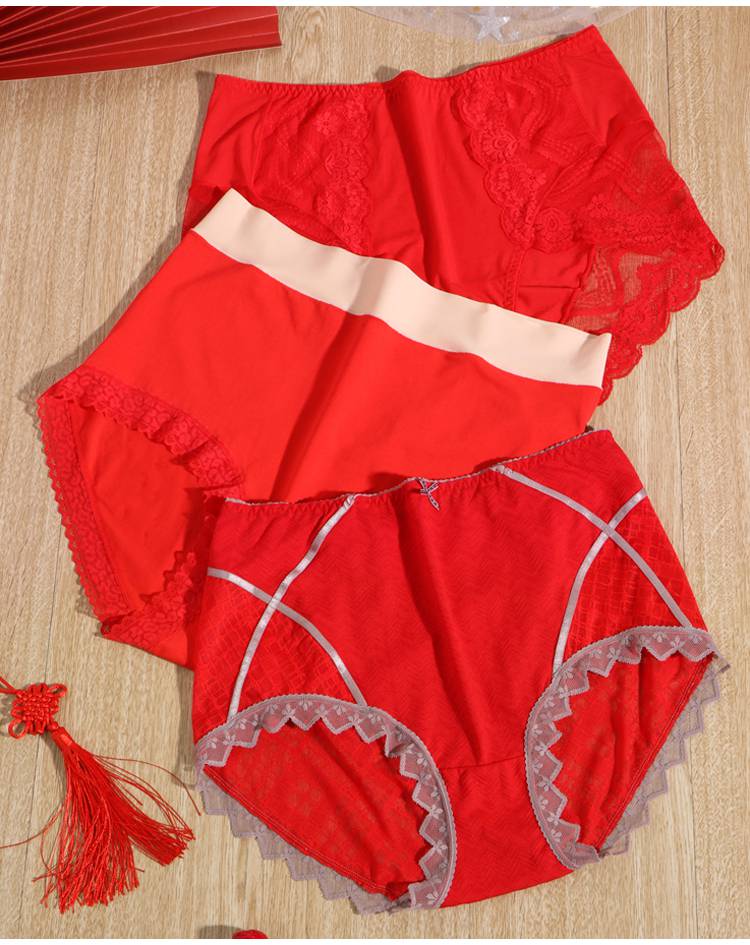 红女式喜庆结婚女士鸿运新年礼物女生短裤头底裤衩8734缎面高腰5xl