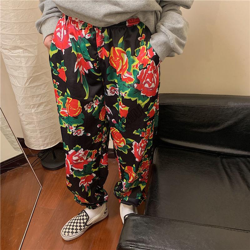 曹简加绒加厚秋冬东北大花裤抖音牡丹花裤子炸街网红束脚裤嘻哈学生