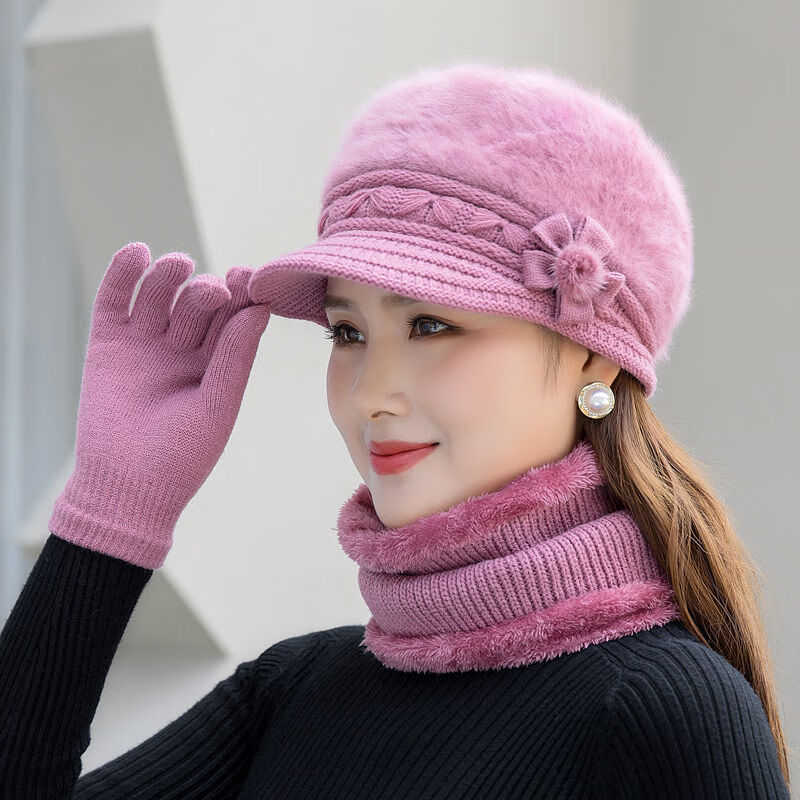 毛线帽妈妈女士针织细雪之舞酒红五片小花兔毛毛线帽帽子只有一个帽子