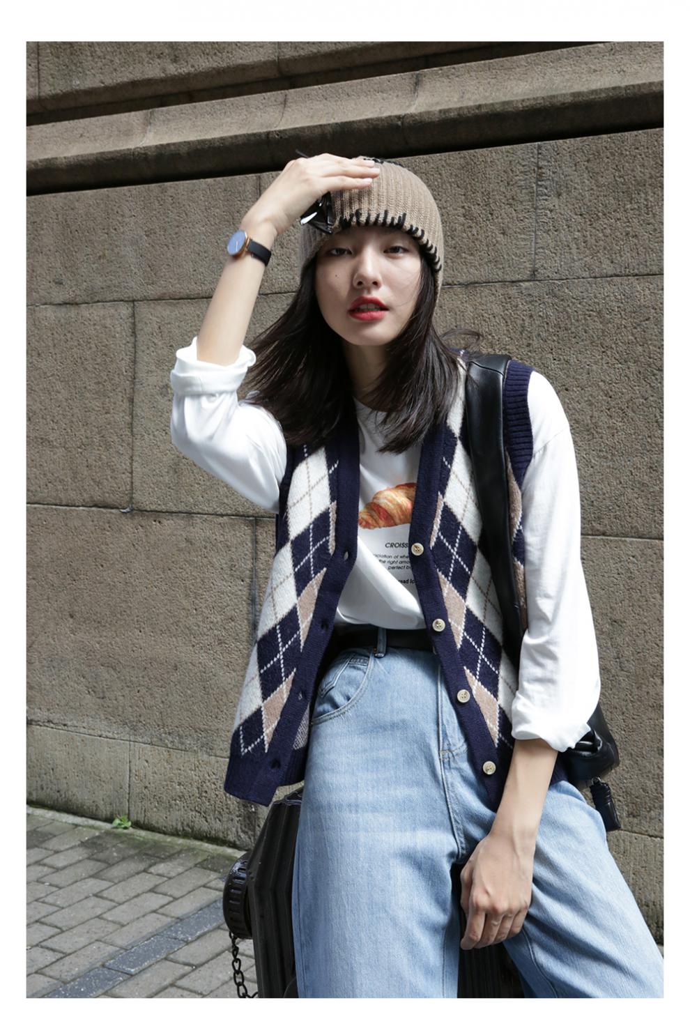 港帝森毛线马甲背心女老陈同学针织春秋薄款年新款时尚格子无袖外穿