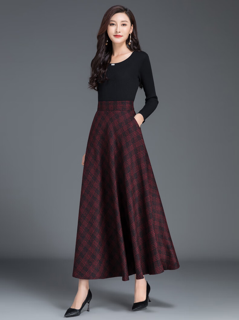 冬装毛呢半身裙长裙到脚踝伞裙女春秋中长款格子秋冬a字百褶子黄蓝