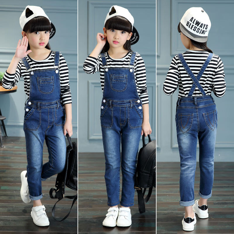 霖蒂欧女童牛仔背带裤春秋儿童吊带裤女9-12岁中大童女孩中小学生长裤