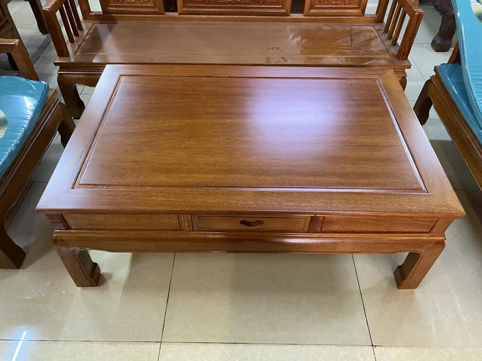 实木菠萝格大茶几小户型长方形茶几角几金木边几545453一抽整装