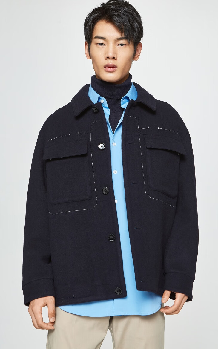 selected思莱德新男潮流休闲明线方领羊毛外套s420427022海军蓝