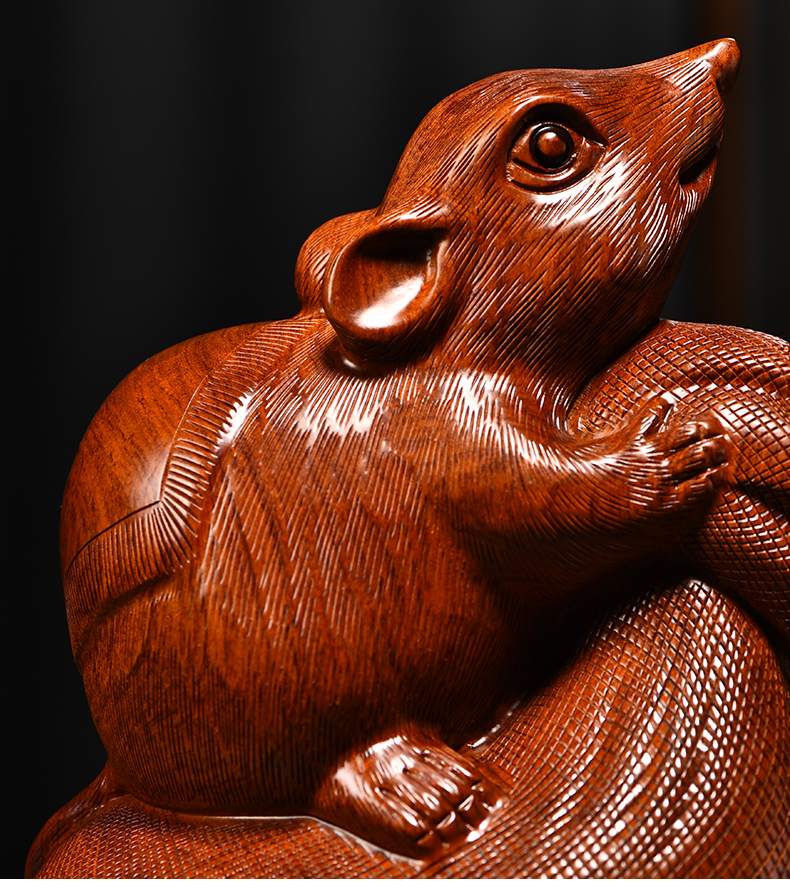 福渊阁木雕摆件老鼠实木头雕刻动物生肖新居客厅办公司好友生日工艺