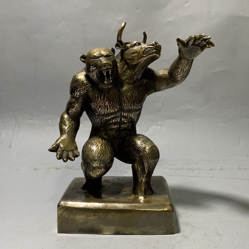 纤雅洁铜牛熊同体东方华尔街同款现代工艺收藏品酒店办公室证券所摆件