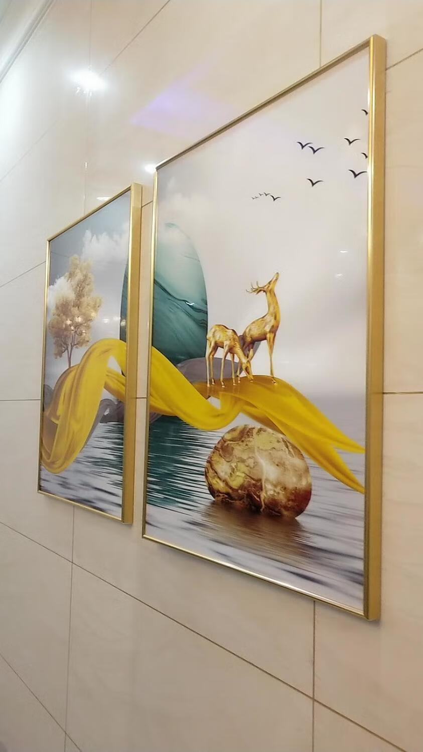 新中式墙面三联画北欧挂画福禄逐梦50x70金色铝合金拉丝边框水晶面