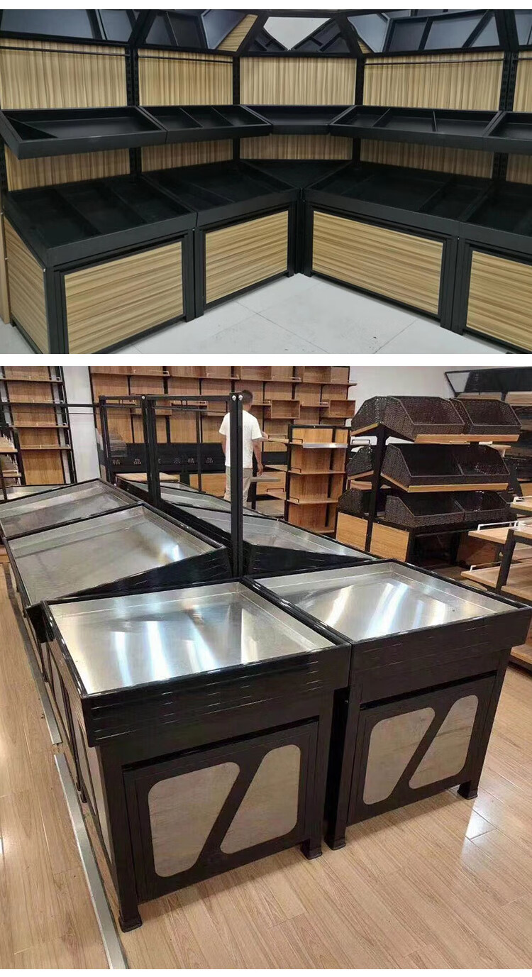 便利店生鲜展示架多功能中岛钢木果蔬置物架不锈钢双层蔬菜架12080180