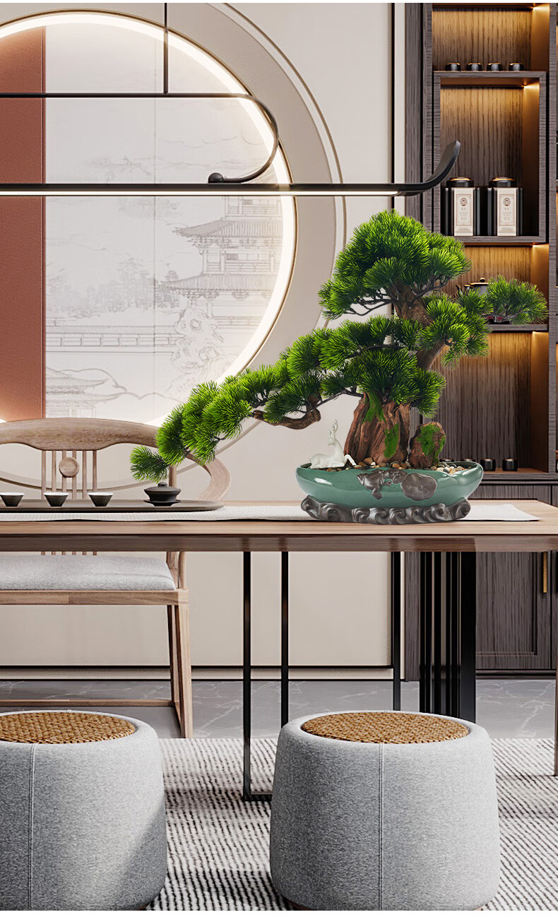 仿真迎客松盆景新中式玄关客厅酒店实木人造树绿植崖柏美人松摆件 款