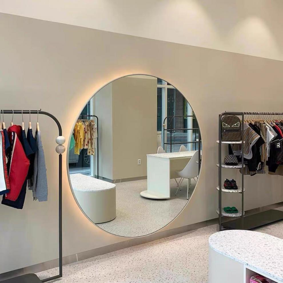 落地镜带灯超大号圆形装饰镜带灯不锈钢服装店试衣镜显白显瘦定制窄