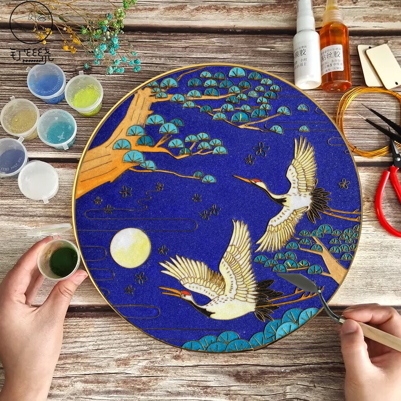 国潮仙鹤中国风景泰蓝掐丝珐琅画diy手工材料包非遗进校园毕设 国潮