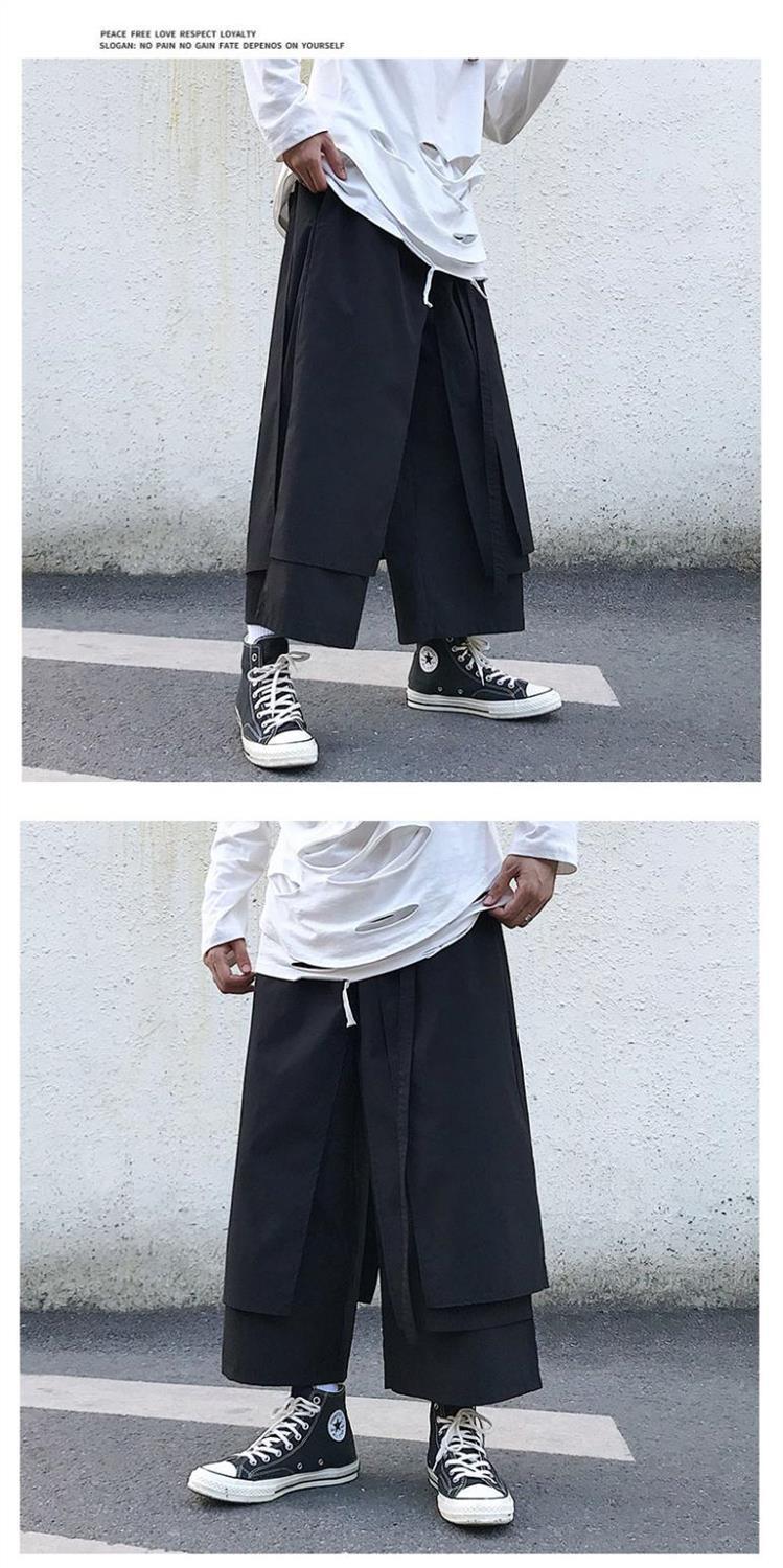 新款假两件裤子男加肥加宽松潮牌胖子阔腿裤休闲直筒秋季炸街嘻哈b款