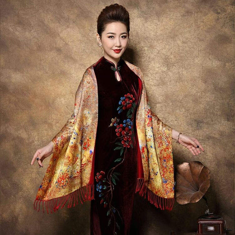 欧倩姗新品旗袍披肩双层双色女士长围巾披肩两用婚宴妈妈旗袍披肩外披