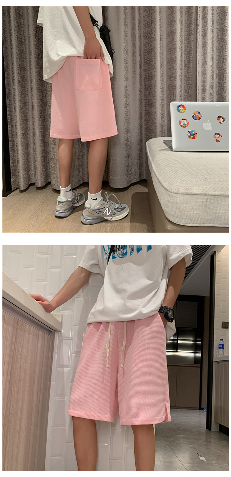 夏季多色华夫格全棉短裤男韩版大码开衩中裤五分裤男粉色m