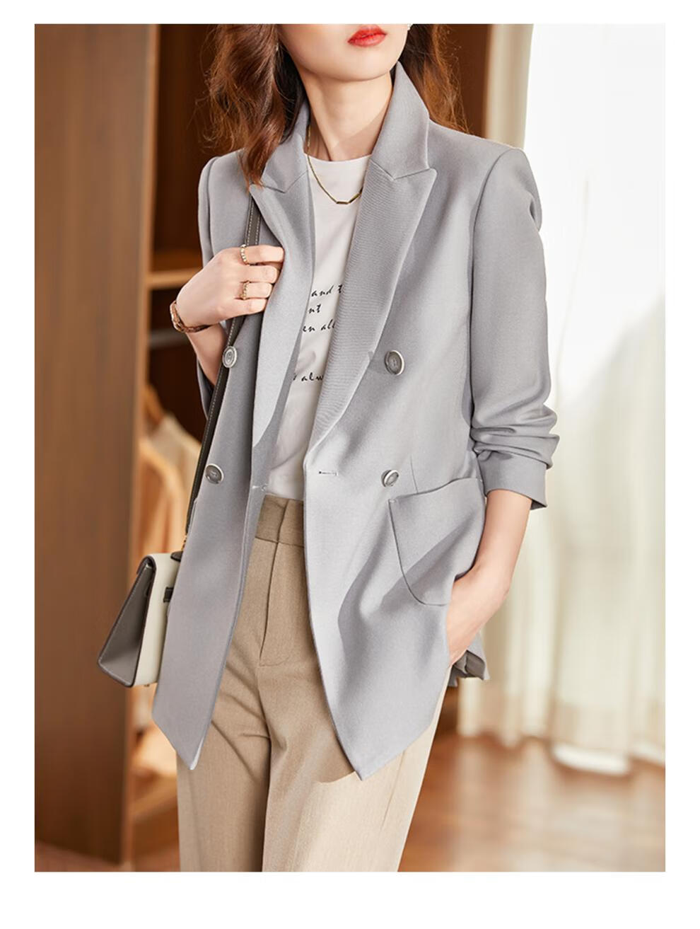 梵希蔓灰蓝色西装外套女2021新款感气质小个子韩版西服上衣 f8983 灰