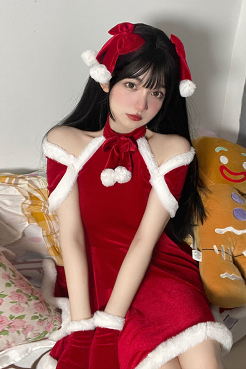 布利酱网红圣诞节套装裙制服红色性感连衣裙女秋冬毛绒