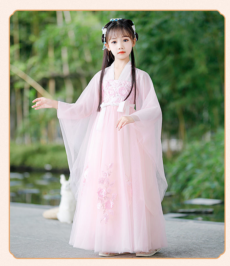 儿童古装飘逸夏季连衣裙唐装古风衣服新款女童汉服中国风夏装粉色100