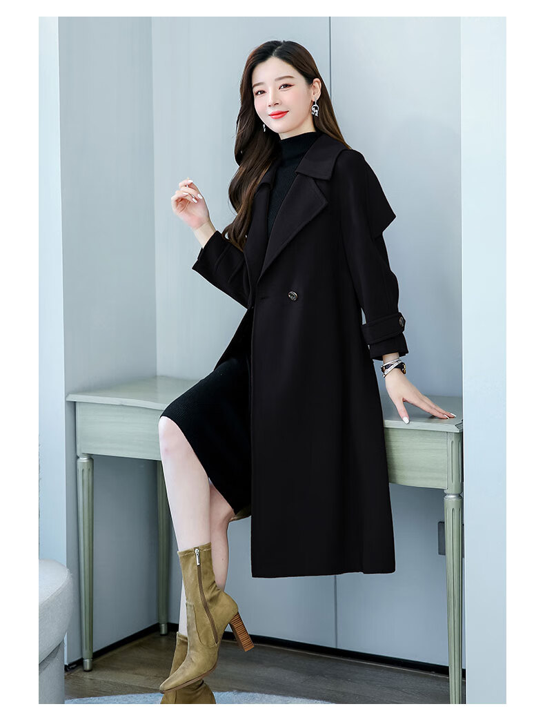 ご皮尔卡丹高档品牌女装赫本风系带双面羊绒大衣女2021秋冬新款中长