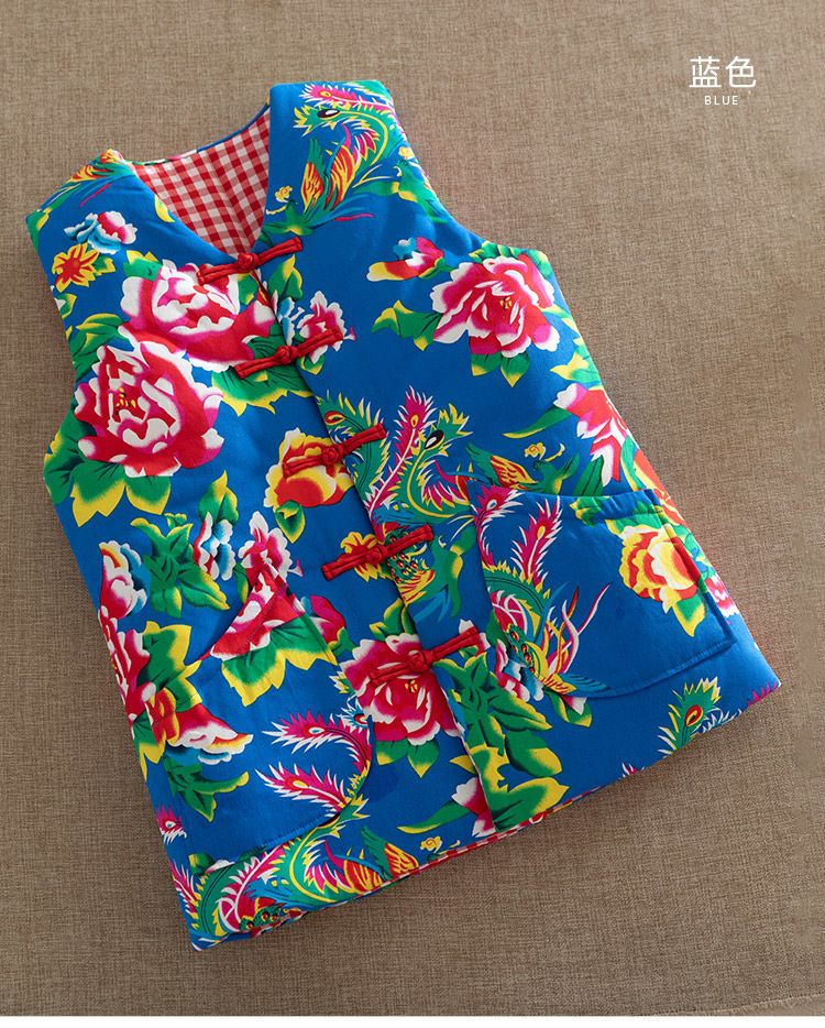 蓦沐东北大花布马甲女民族风新娘装保暖马夹内外穿加厚坎肩背心秋冬