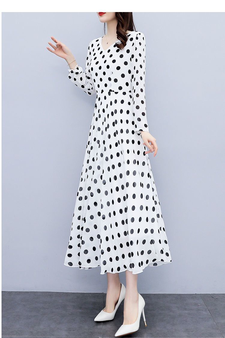 波点长袖连衣裙女秋季新款长款收腰遮肚显瘦过膝长裙白色3xl135145斤