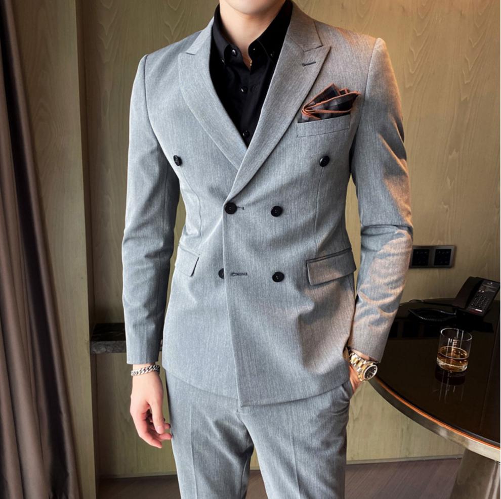 sunbairy品牌西服男款春季新款帅气双排扣西装男套装青年韩版潮流修身