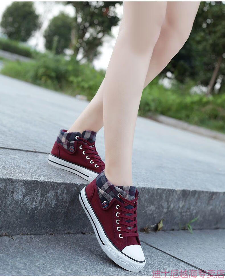 迪士尼disney季高帮帆布鞋女鞋韩版平底初中学生高腰球鞋少女运动板鞋
