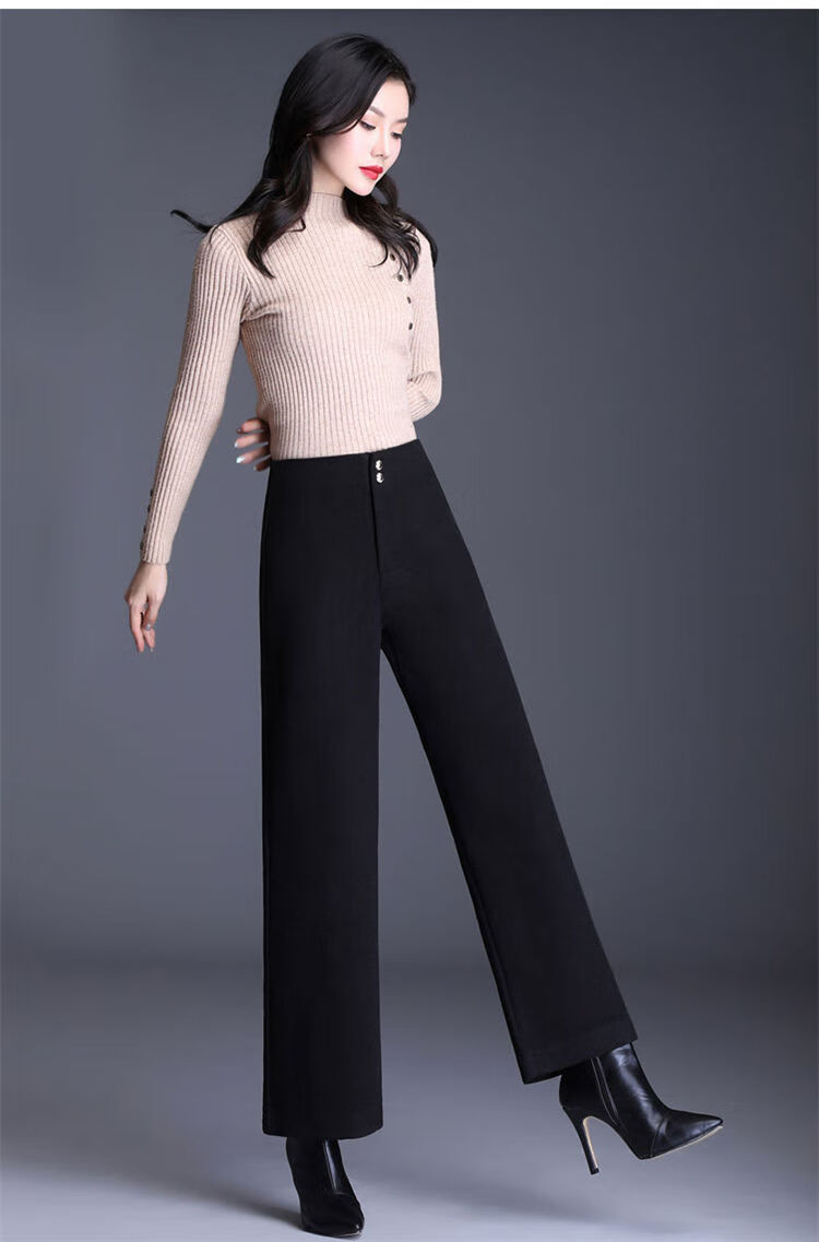 龙凤呢秋冬季加厚高腰长裤阔腿裤女装毛呢裤宽松直筒休闲裤子灰色s