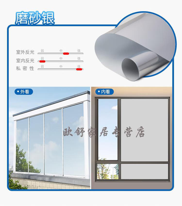 全遮光窗戶玻璃貼紙遮陽神器貼膜膜擋光窗貼紙家用磨砂銀110x500cm