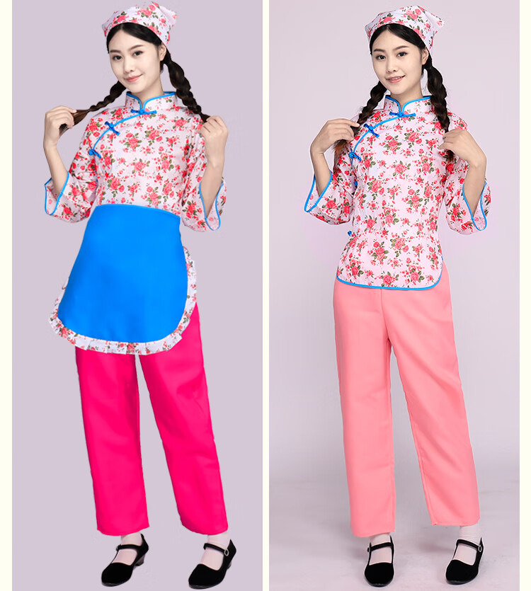 妩纪村姑碎花直播衣服女采茶戏套装农民舞蹈阿庆嫂表演出服装2022白底