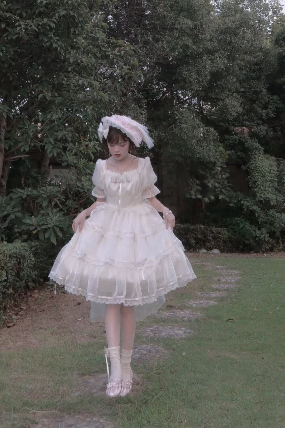 江逸小姐洛丽塔lolita连衣裙短袖op优雅花嫁泡泡袖三段式华丽夏季生成