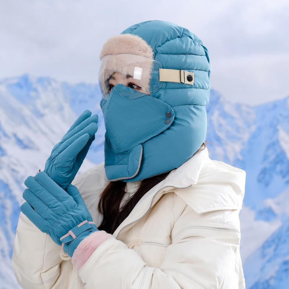骑电动车雷锋帽女戴眼镜冬天防冻加厚手套滑雪帽男防寒东北棉帽子hw