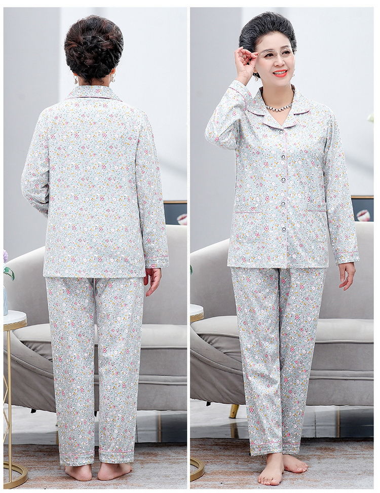 lucazer妈妈睡衣女春秋季中老年长袖薄款纯色棉质家居服老人奶奶婆婆