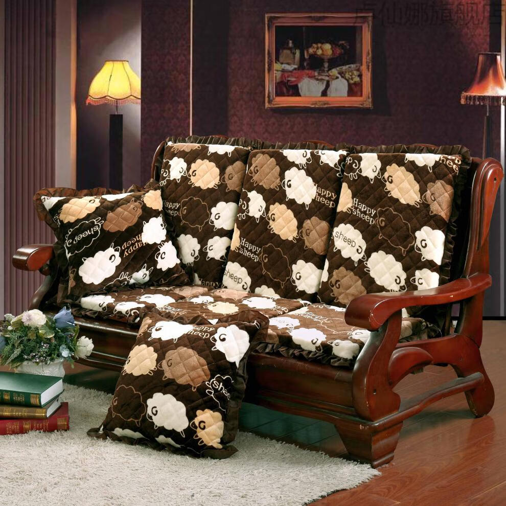老式实木沙发连体靠垫带靠背四季通用加厚木头红木座椅毛绒椅子一体式