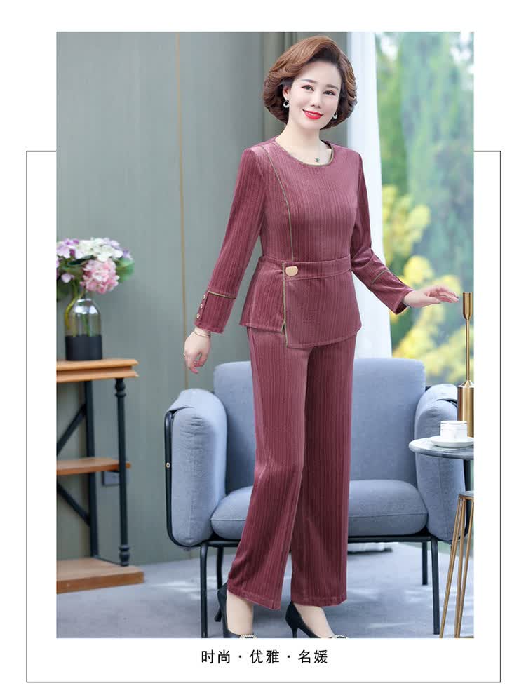 妈妈秋装洋气套装中年妇女金丝绒两件套中老年女装大码外套墨绿色5xl