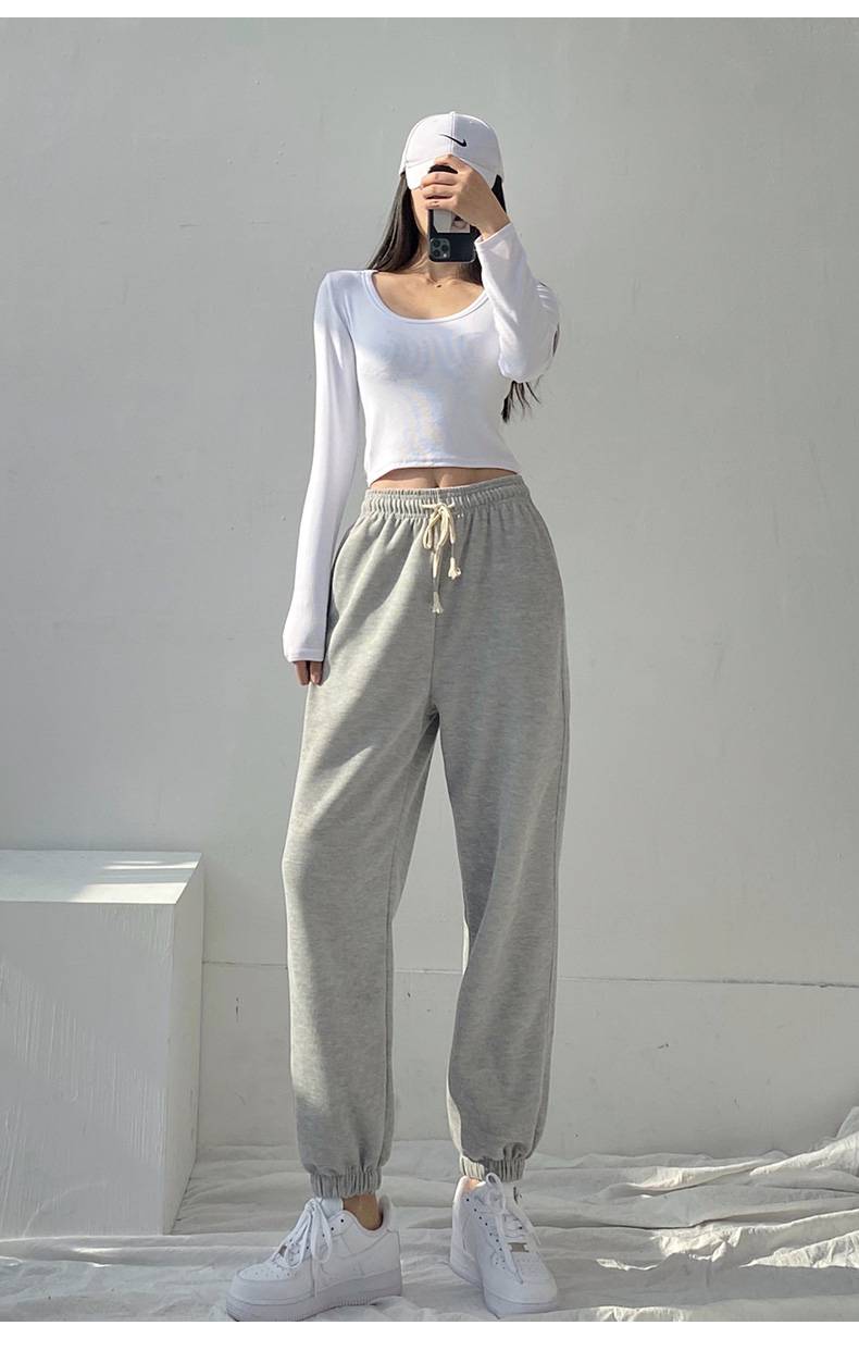 哈伦卫裤子ins潮21年秋冬季女士休闲女生加厚显高显瘦秋装灰加长款m