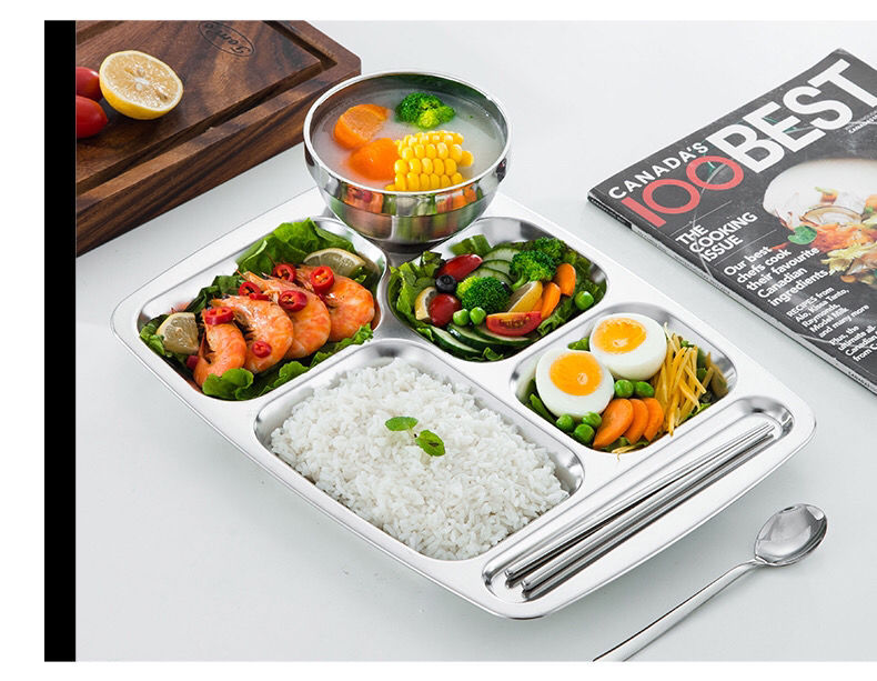 盘成人学生食堂分餐盘分格五格六格餐具无10厚食品级304大圆五格餐盘