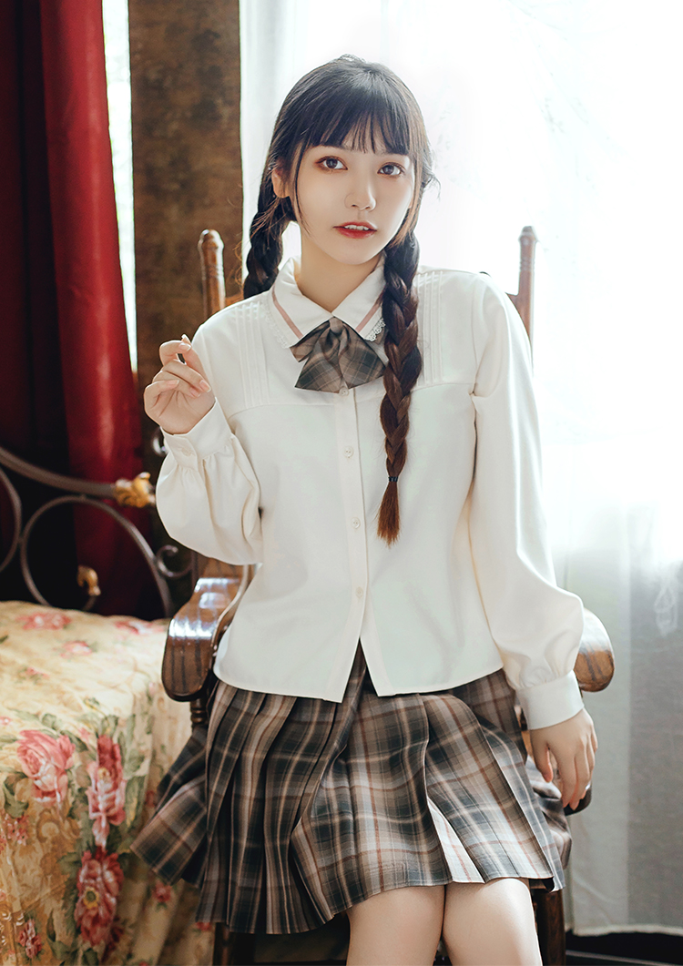 御茶家原创米色蕾丝领衬衫jk制服女百搭基础款秋冬季现货米色蕾丝领