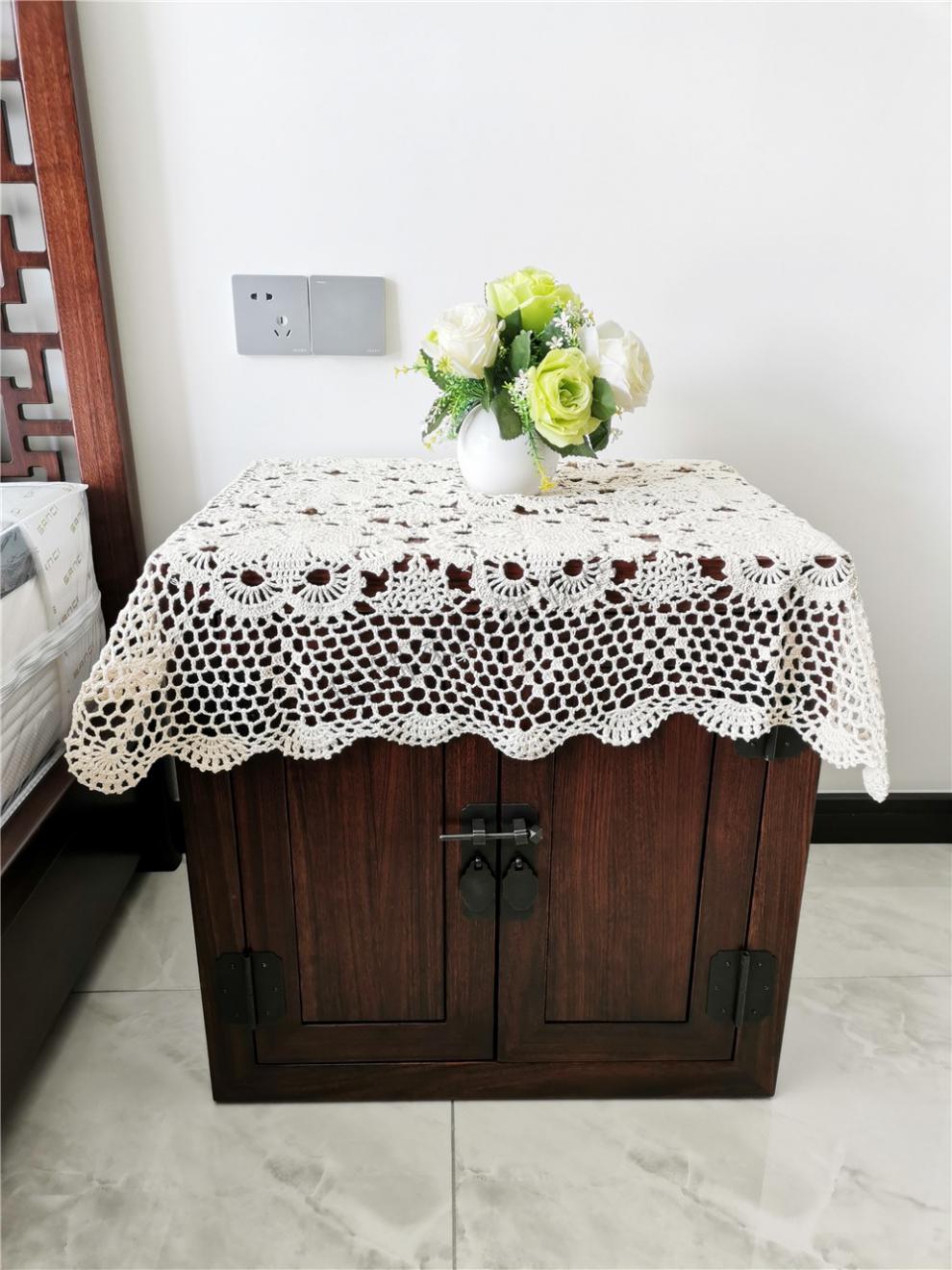 手工钩针钩花桌布田园镂空编织沙发巾复古怀旧茶几装饰盖布米色160cm