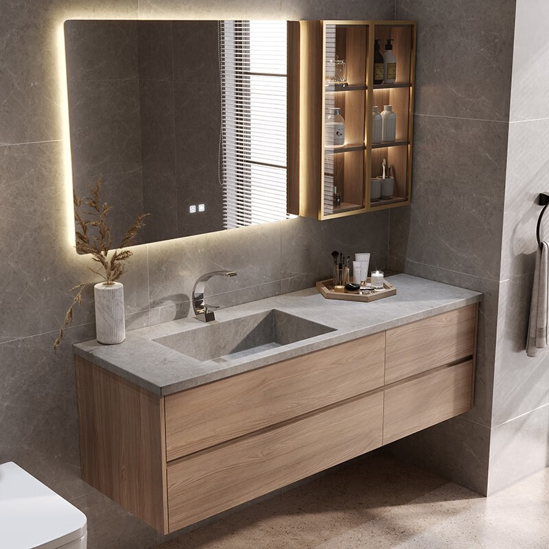 卢登斯岩板一体台盆浴室柜组合现代简约卫生间洗漱台实木卫浴柜洗脸盆