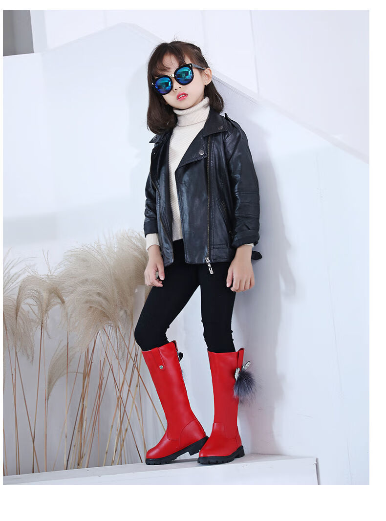 靴子秋冬女童长筒靴加绒2021新款中大童女孩雪地靴洋气高筒靴酒红色y