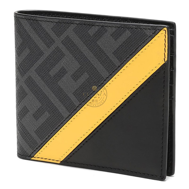 fendi芬迪男包经典款男士钱包棕色ff图案涂层面料配皮短款钱夹灰色ff