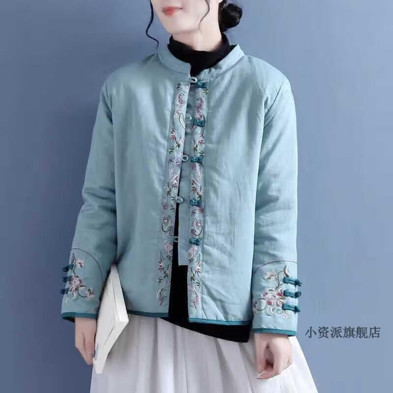 唐装小棉袄女加厚冬中国风棉麻绣花棉服女士复古盘扣立领对襟棉衣中式