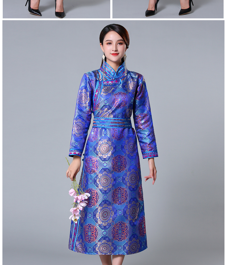 蒙古族服装女长款传统蒙古袍手工盘扣蒙古族舞蹈演出服少数民族服饰