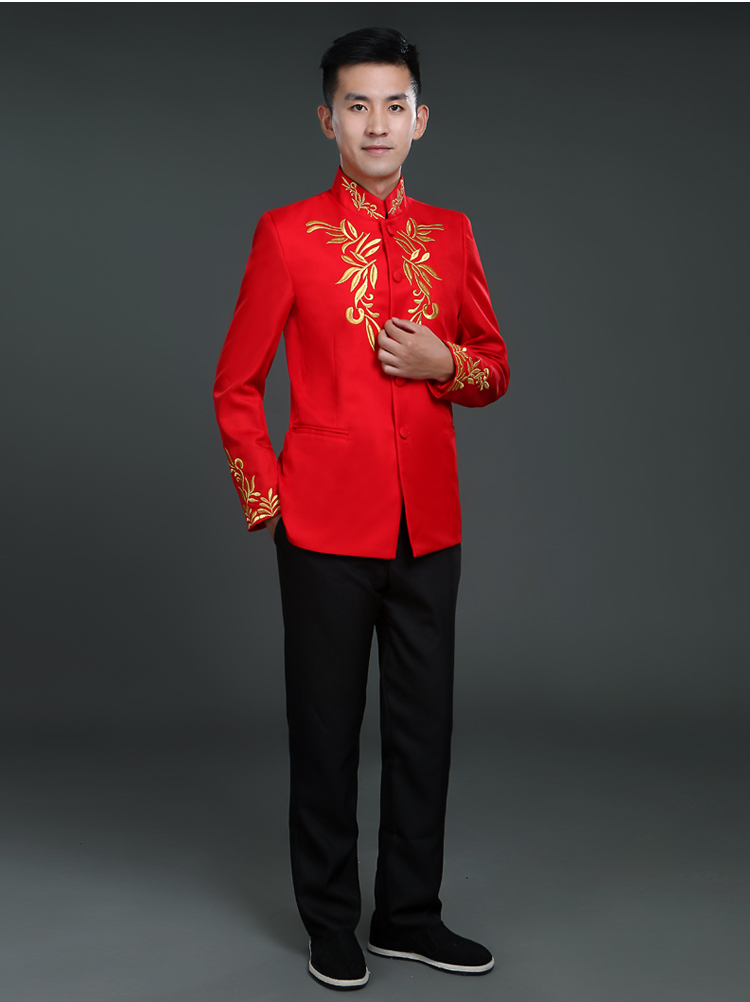 蓝凌风中山装男青年舞台红歌大合唱演出服年会中式主持人歌手表演礼服