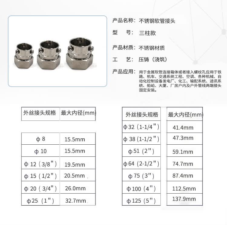 304不锈钢包塑金属软管金属软管接头软管外螺纹三柱卡套自固接头
