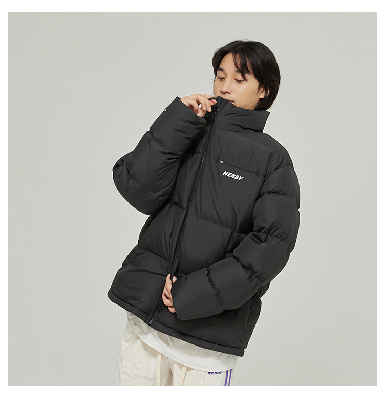 nerdy羽绒服韩国潮牌21年冬季短款简约时尚情侣宽松厚外套男奶白色l