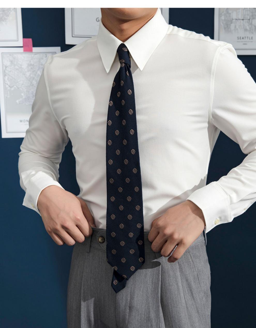 法式袖口长袖衬衫男士高领大领衬衣绅早秋抗皱免烫男长尖领商务正装白