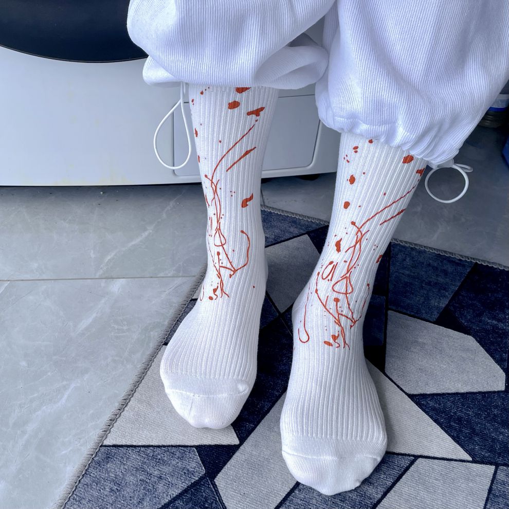 白袜子女中筒袜潮春夏季薄款潮泼墨涂鸦嘻哈情侣款长袜1pm4款各一双