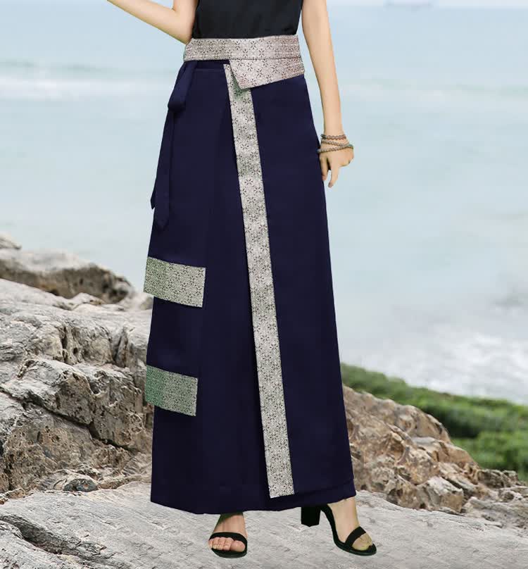 麦魅雅锅庄舞藏族服装女度假旅游夏季民族风一片式免烫亮滑舞裙半身裙