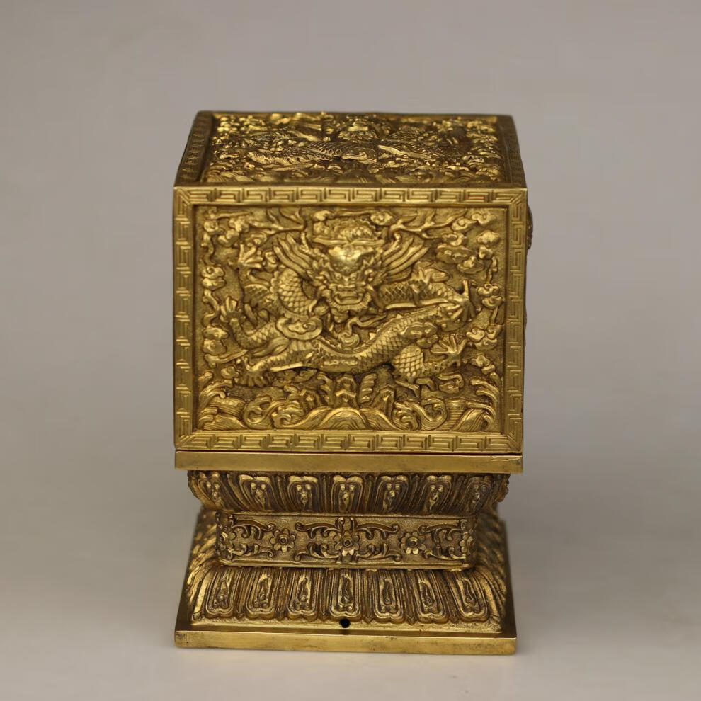 金丹青仿明清故宫纯紫铜錾龙玉玺盒 纯手工仿古玩 龙书案摆件收藏